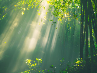 Serene bamboo forest bathed in golden sunlight, creating a peaceful and enchanting atmosphere in nature.