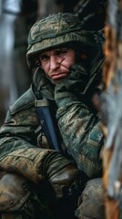 Fototapeta premium A soldier wearing a camouflage uniform and a helmet is sitting on the ground, leaning against a tree.
