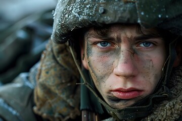 Fototapeta premium Portrait of a young soldier with blue eyes and a dirty face wearing a military helmet