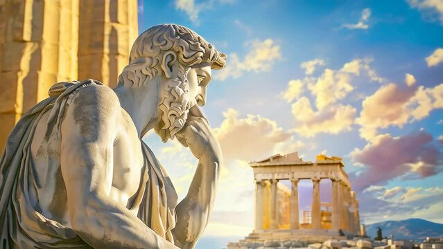 Greek philosophers` statues, landscape and travelling destination concept