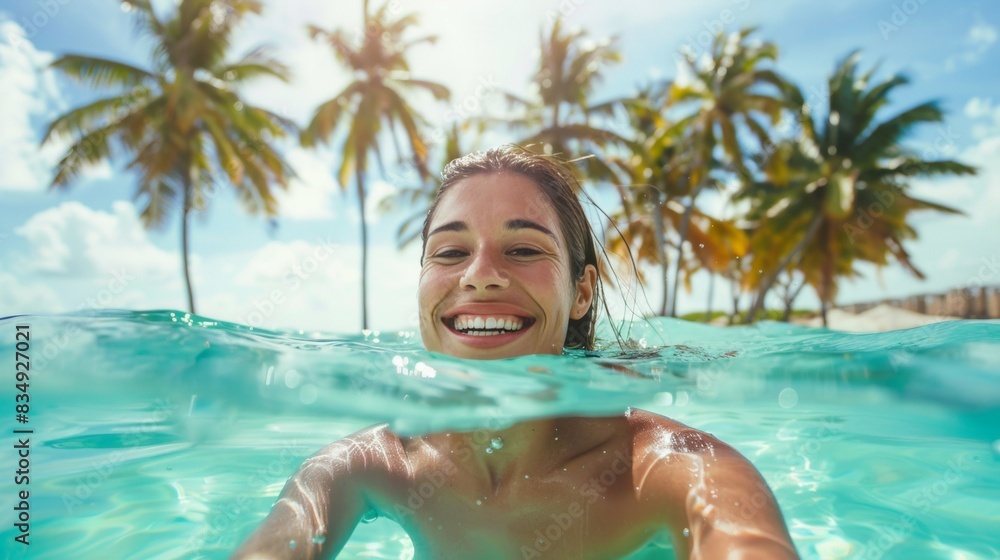 Wall mural portrait of a smiling female swimmer in water in pool