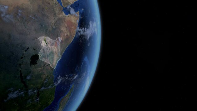 Fly Zoom into Kenya, Nairobi, through space to see the country map region from above from space. Detailed map Showing area, HD and 4K. Animation.