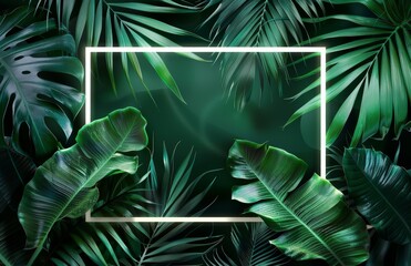 Tropical leaves framed with white neon light for modern design