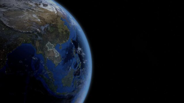 Fly Zoom into Laos through space to see the country map region from above from space. Detailed map Showing area, HD and 4K. Animation.