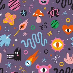 Seamless pattern with funny cartoon shapes and characters like bird, monsters, curves and stars. Trendy modern vector illustration on purple background, hand drawn, textured effect, flat design