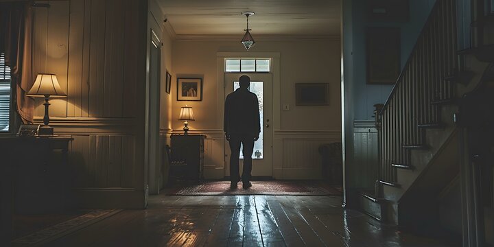 A dark hallway with a man standing in the doorway