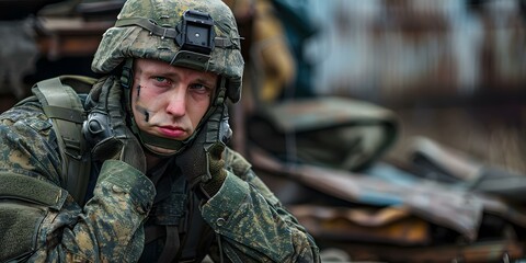 Portrait of Soldier in Camouflage Uniform Wearing Helmet