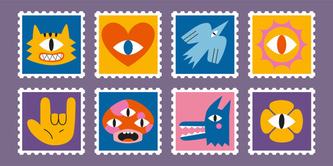 Set of cute hand-drawn post stamps with funny cartoon characters such as tiger, heart, bird, wolf and mushroom. Trendy modern vector illustartions, flat design