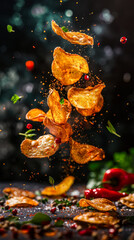 Naklejka premium Crunchy delicious potato chips levitation. Potato chips with spices falling with spices and herbs on dark background. Advertising product photo tasty snack. Flying golden chips. Menu, recipe. vertical