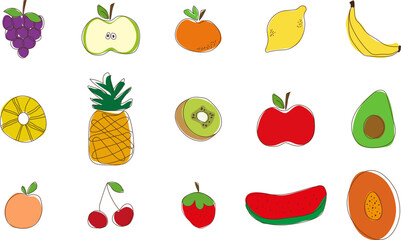 Doodle fruits. Vector colorful food in cartoon hand-drawing style