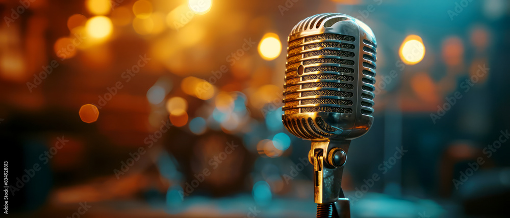 Poster A vintage microphone in focus against a blurred, warm background with bokeh lights, evoking a concept of performance. Generative AI