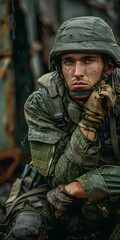 Fototapeta premium A soldier wearing a green helmet and camouflage uniform is sitting on the ground.