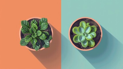 Top view of two potted succulents on split color background, showcasing a minimalist aesthetic with contrasting orange and blue tones.