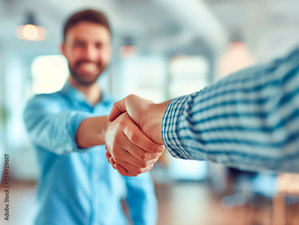 Poster two people shaking hands in the foreground, with one smiling man in focus in the background, concept