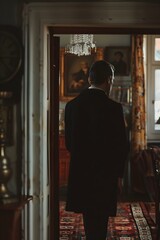 Man in suit walking through a grand hallway