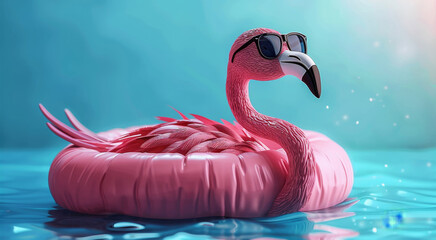 Floating pink flamingos with sunglasses are displayed in an inflatable circle. Minimal summer concept. Generative AI.