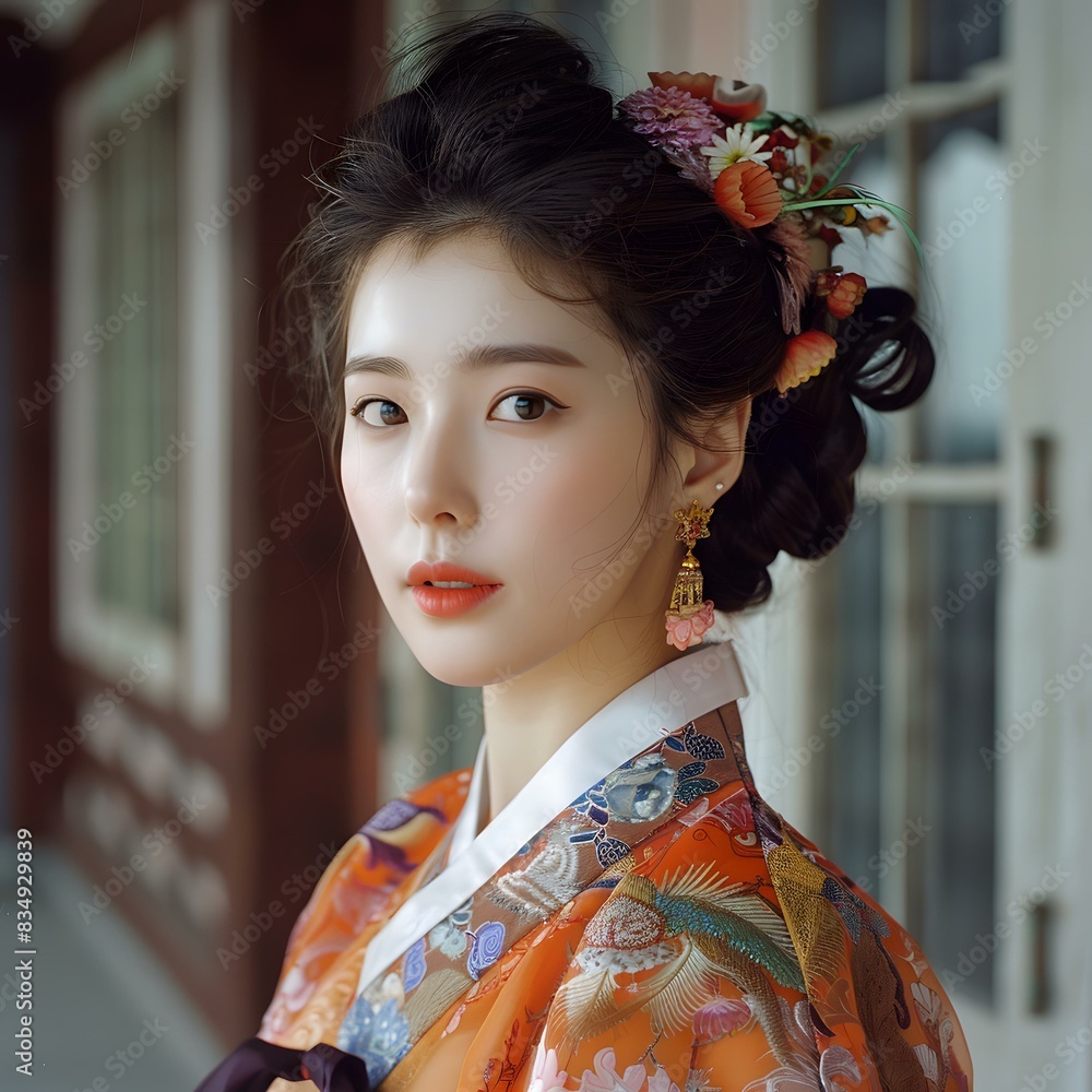 Wall mural portrait of a young korean woman in traditional hanbok dress - Wall murals