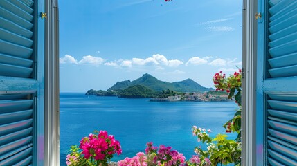 colorful flowers positioned in front of an open window adorned with blue shutters, offering a scenic view of the sea, a charming house, and a clear sky on a picturesque island.