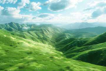 Fototapeta premium The landscape in the summer is a vibrant tapestry of lush, green meadows stretching to the horizon, dotted with colorful wildflowers swaying gently in the warm breeze.