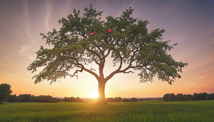 Obraz premium Sunset Clouds Over a Tree Shaped by Nature's Love