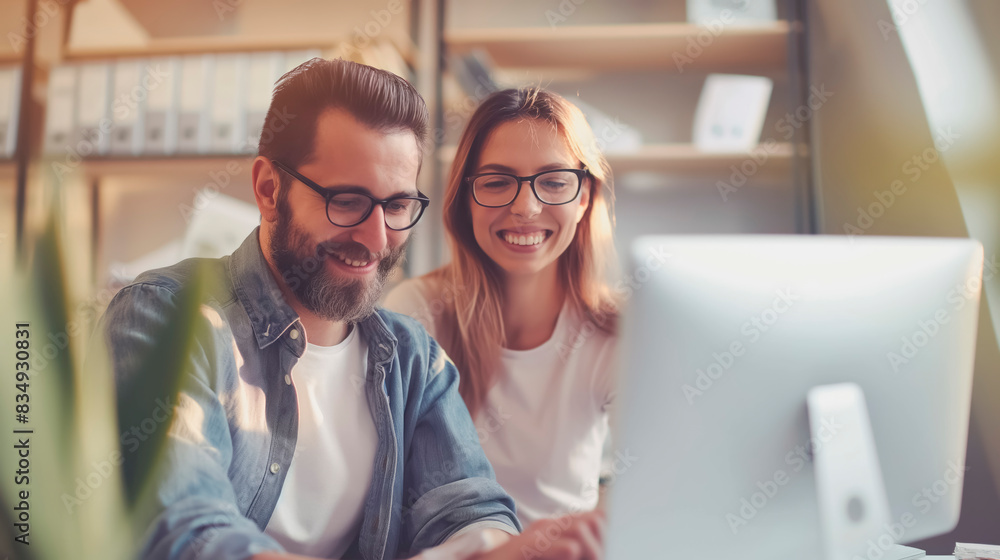 Poster Two people smiling while looking at a computer screen, in an indoor office setting, representing teamwork or collaboration. Generative AI