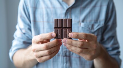 Fototapeta premium Hand presenting chocolate bar with blue shirt
