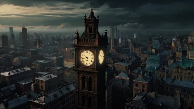 the atmosphere of the clock tower in the city with cloudy weather. seamless looping 4k video