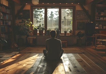 man meditating in a yoga pose on the wooden floor in a cozy home