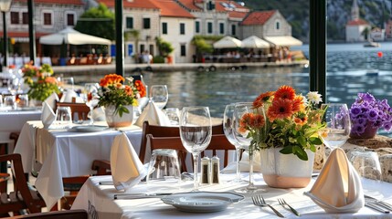 Naklejka premium an elegant dining setup arranged in an outdoor restaurant, offering panoramic views of the bay and historic buildings lining the harbor, creating a picturesque dining experience.
