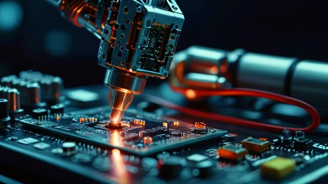 A close-up of a circuit board being soldered with a soldering iron.