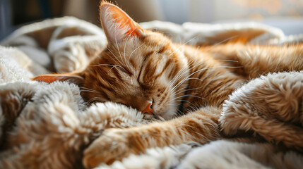 Cute cat resting on fuzzy blanket at home