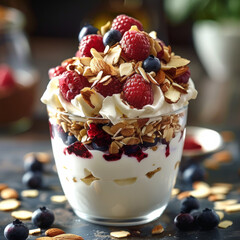 Yogurt parfait with small layers of blueberries raspberries sliced almonds with lots more yogurt...