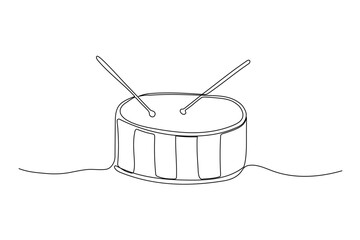 One line drawing drum with two sticks. Musical instrument sketch. Continuous drum baby toys vector illustration