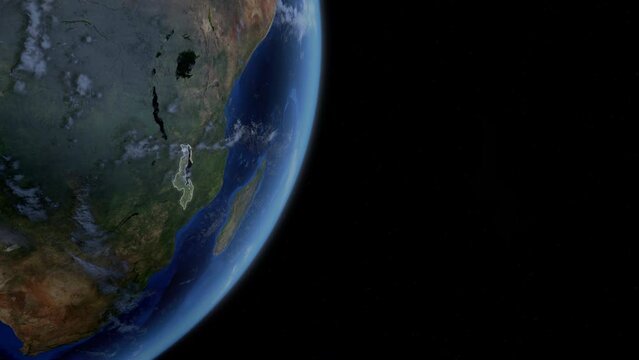Fly Zoom into Malawi, Lilongwe, Blantyre, through space to see the country map region from above from space. Detailed map Showing area, HD and 4K. Animation.