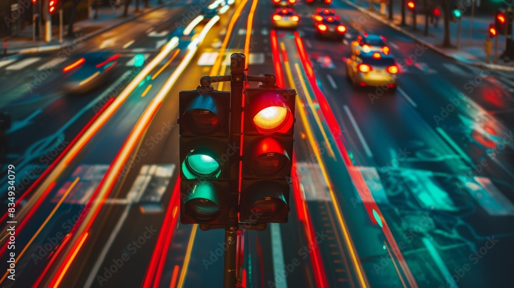 Aufkleber a traffic light changing from red to green, with blurred motion of cars moving forward as they proce