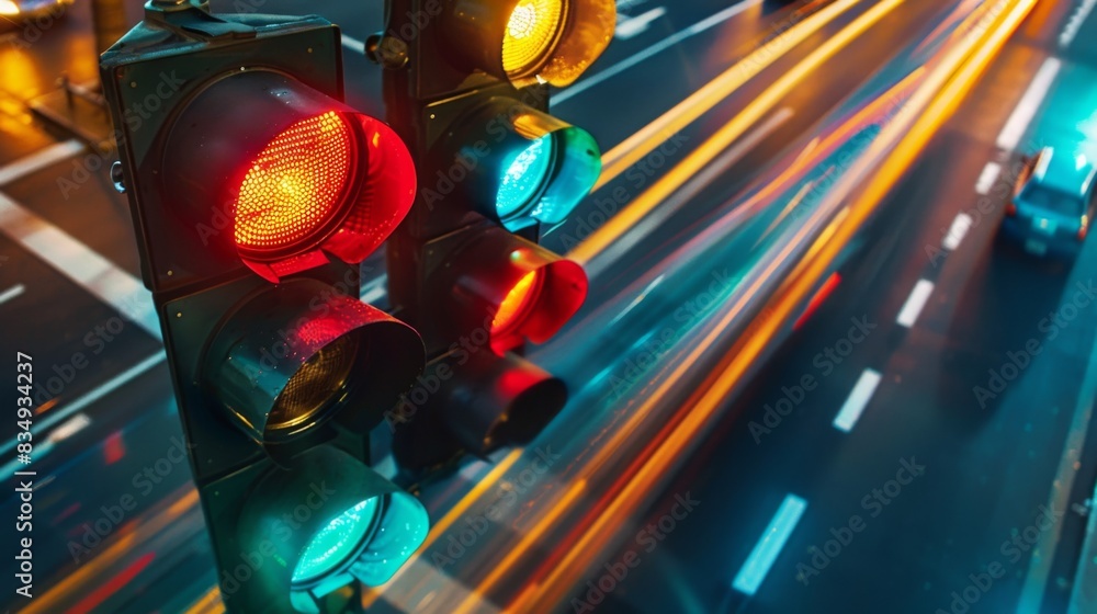 Poster a traffic light changing from red to green, with blurred motion of cars moving forward as they proce