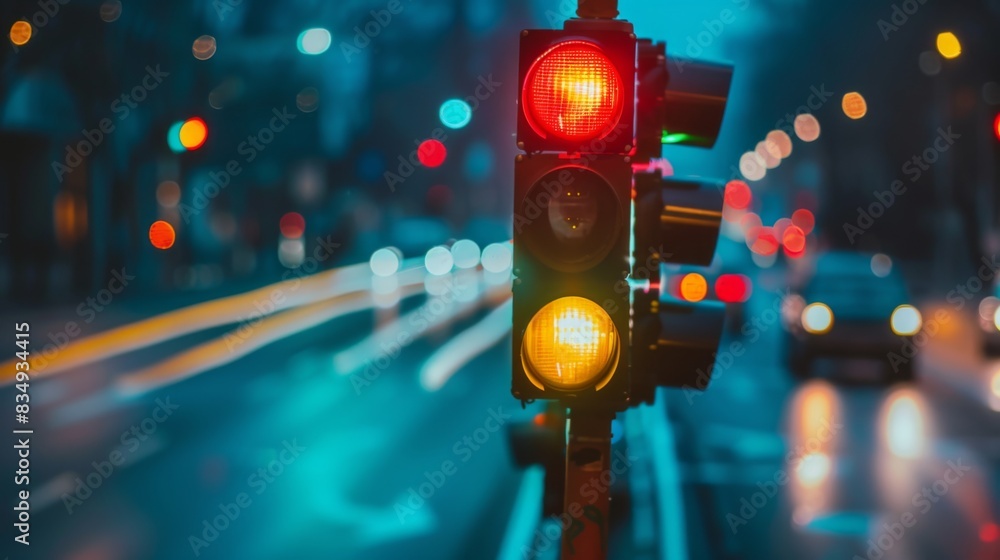 Poster a traffic light changing from red to green, with blurred motion of cars moving forward as they proce