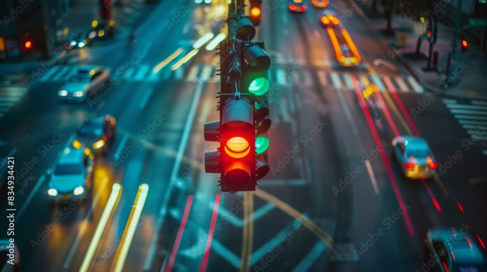 Poster a traffic light changing from red to green, with blurred motion of cars moving forward as they proce