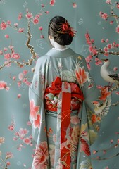 Naklejka premium A woman wearing a kimono with a floral pattern and a red obi