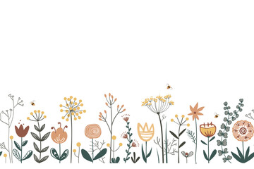 Fairy flowers border, seamless vector pattern. Repeating doodle flower meadow background. Scandinavian folk style. Vector for fabric, cards, wallpaper