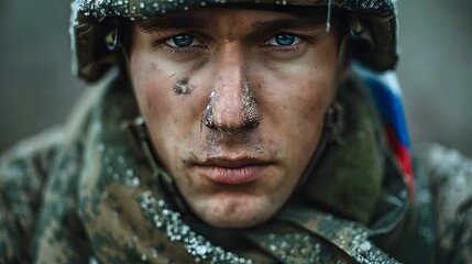 Obraz premium Portrait of a soldier with blue eyes and a camouflage uniform