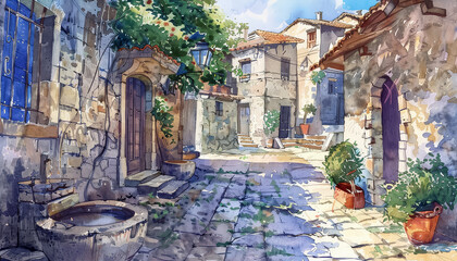 A painting of a narrow street with a fountain in the middle