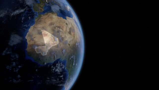 Fly Zoom into Mali, Bamako, Sikasso, through space to see the country map region from above from space. Detailed map Showing area, HD and 4K. Animation.