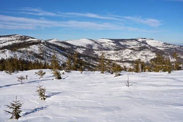 White Silesian Beskid range near European Bialy Krzyz pass in Poland