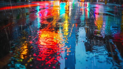 Obraz premium A traffic light reflected in a rain-soaked street, with colorful streaks of light and reflections creating an artistic urban scene.