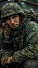 Fototapeta premium Portrait of a soldier in the Russian army in full combat gear