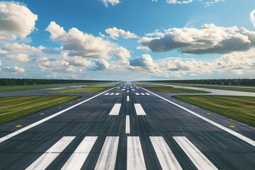 Fototapeta premium Wide view of an empty airport runway under a blue sky with clouds, ready for takeoff or landing in clear weather conditions with aerodrome, view