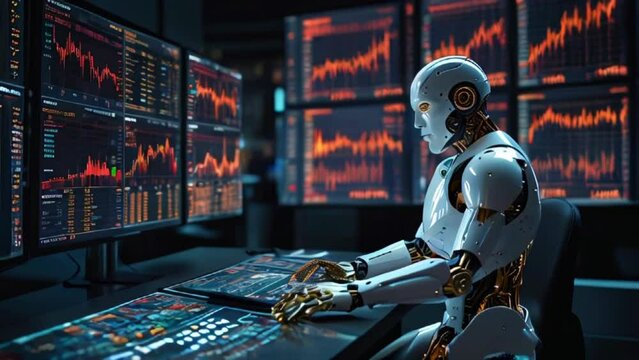 In front of the table, a robot sits with a computer screen in front of it. The screen displays data from the stock market