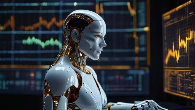 Sitting in front of a table, a robot faces a computer monitor. The monitor shows stock market data.