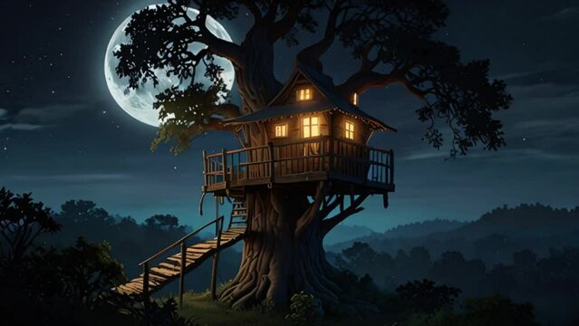 banyan tree and tree house under the full moon night sky. seamless looping 4k video